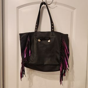Betsey Johnson Vegan Fringe Tote Bag Black Metallic Purple